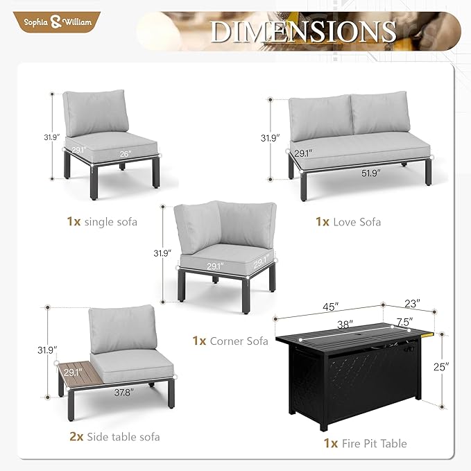 Sophia & William 6 Pieces Patio Furniture Set with 45" Fire Pit Table, Metal Outdoor Sectional Sofa Set -2 x Single Couch with Side Table,2 x Single Sofa,1 x Loveseat,1 x Propane Fire Pit