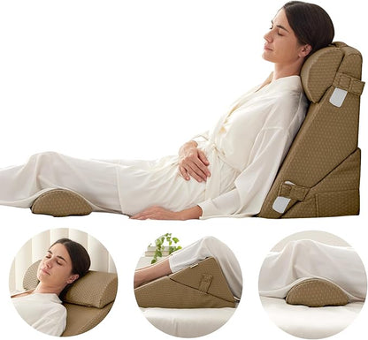 Bedluxe Adjustable 4pcs Bed Wedge Pillow Set, Memory Foam Wedges Pillow Post Surgery for Back, Neck, Leg Pain Relief, Pillows Wedge for Sleeping, Sitting up in Bed, Acid Reflux and GERD, Brown