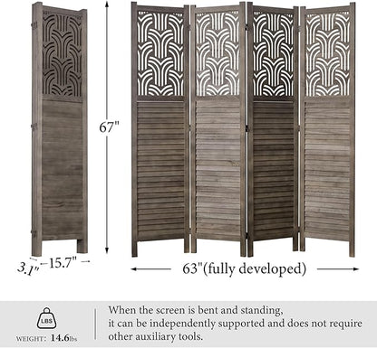 Svimi Folding Room Divider, 66.9 Inch 4 Panels Wood Carved Privacy Screens, Free Assembled Freestanding Portable Separation Wall for Home Office Restaurant Bedroom (Gray)