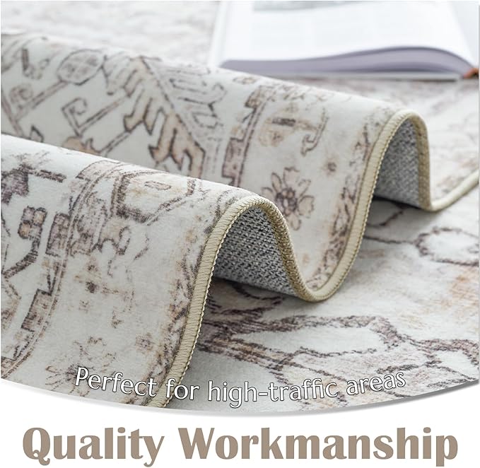 jinchan Lima Hallway Runner Rug 2x8 Washable - Vintage Floral Non Slip Low-Pile Soft Ultra-Thin Faux Wool Kitchen Rug Distressed Carpet Runner for Farmhouse Bedroom Laundry (2x8ft, Taupe)