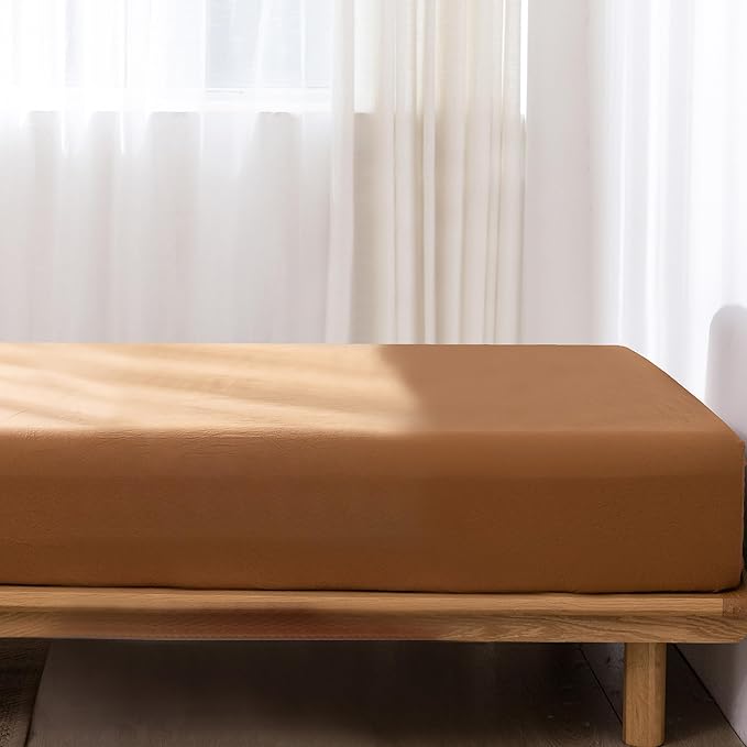 MooMee Fitted Bottom Sheet Only 100% Washed Cotton Linen Like Textured Breathable Durable Soft Comfy Deep Pocket Fits Mattress up to 17" (Dark Orange, Twin)