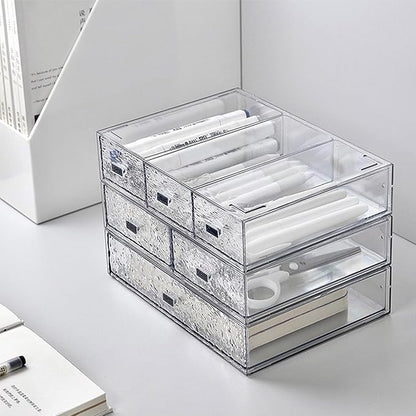 Desk Drawer Organizer, Stackable Plastic Storage Drawer, Grocery Organizer For Stationery/Office Supplies (New Clear, 2 Compartment)