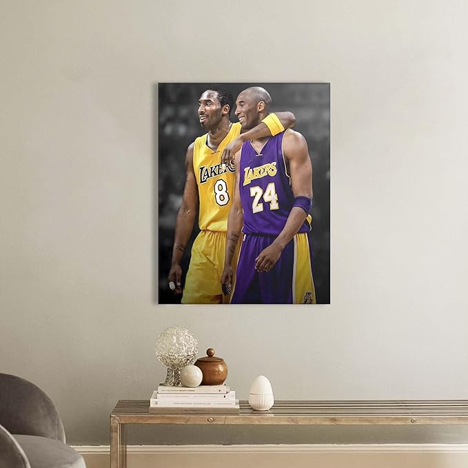 Kobe Bryant Canvas Wall Art Print Poster, Iconic Basketball Player Dual-Era Tribute Artwork, No. 8 and No. 24 Jersey Mamba Mentality Wall Decor for Home Gym Dorm Office Living Room, Framed 16x20inch