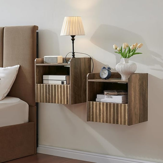 Modern Fluted Floating Nightstand Wall Mounted Set of 2- Bedside Table with Storage Drawer & Display Shelf, Minimalist Bedroom Furniture for Studio Apartments(Rustic Brown)