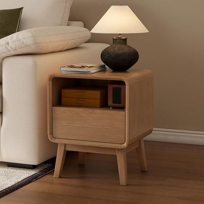 100% Solid Oak Wood Nightstand, Natural Wood Nightstand with Drawer Open Shelf, Mid Century Modern Night Stand, Small Side End Tables, Oak Bedside Table for Bedroom(16.54" Wx13.78 Dx20.47 H)