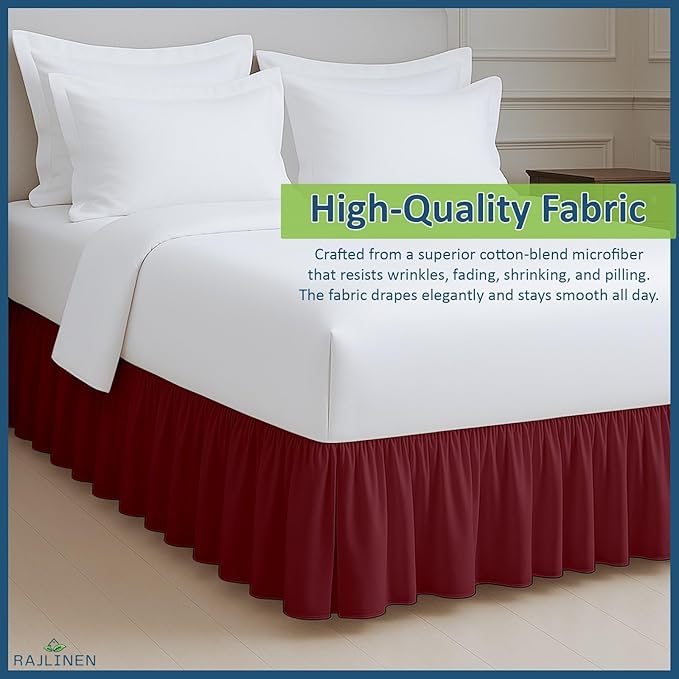 Rajlinen Ruffled Bed Skirt Full, 15 Inch Drop Dust Ruffle with Split Corners, 100% Microfiber Bedskirt with Platform, Three-Sided Coverage Ruffled Gathering Design, Burgundy