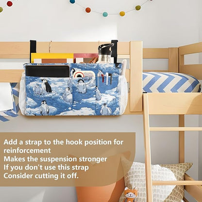Bedside Caddy Hanging Bunk Bed Caddy Bed Organizer Hanging Pocket with 2 Hooks Bedside Storage Organizer Pocket Bag Holder Blue Penguins Ice Floes Snow Water