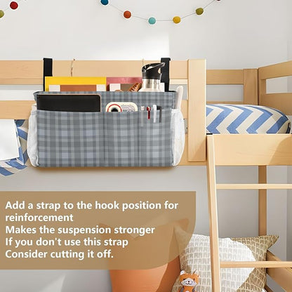 Bedside Caddy Hanging Bunk Bed Caddy Bed Organizer Hanging Pocket with 2 Hooks Bedside Storage Organizer Pocket Bag Holder Grey Plaid