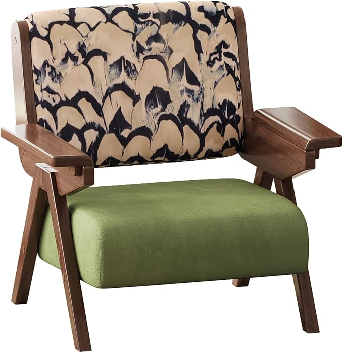Accent Chair Mid Century Modern Chair, Velvet Upholstered Lounge Arm Chair with Solid Wood, Cozy Reading Chair for Living Room, Bedroom, Balcony (Feather Print, Single Chair)