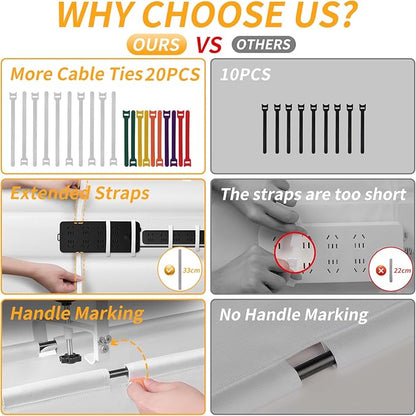 No Drill Under Desk Cable Management Tray, 48" Cord Organizer with Clamp, Fabric Cable Management for Standing Desks, Ideal for Home & Office - White