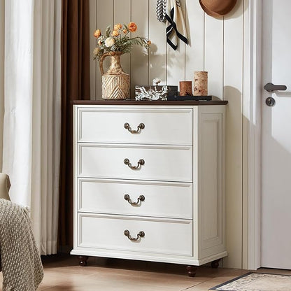 Farmhouse 4 Drawer Dresser Set of 2 for Bedroom, 37" Tall Rustic Chests of Drawers w/ 4 Solid Wood Feet, Mid Century Vintage Wooden Closet Storage Dressers Organizer for Living Room, White