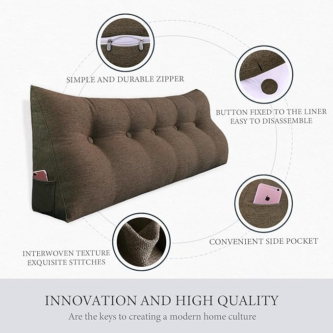 homecozy Wedge Headboard Pillow Dorm Room Reading Pillow Back Support for Sitting Up in Bed Bolster Lumbar Cushion Body Positioning Bedrest Cotton Linen 59in Coffee Queen