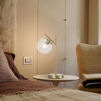 Mid Century Modern Table Lamp, Contemporary Metal Brass Bedside Lamps with Clear Glass lampshade, Gold Globe Nightstand Lamp for Bedroom Living Room Study Room