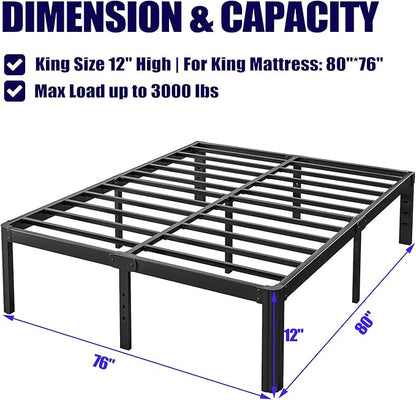 Hunlostten 12" High King Bed Frame No Box Spring Needed, Heavy Duty King Platform Bed Frame with Round Corners, Easy Assembly, Noise Free, Black