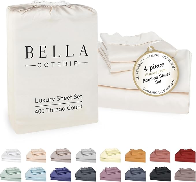 Bella Coterie Luxury Bamboo Viscose Full Size Sheet Set | 100% Organically Grown | Ultra Soft | Cooling for Hot Sleepers | 18" Deep Pocket [Ivory]