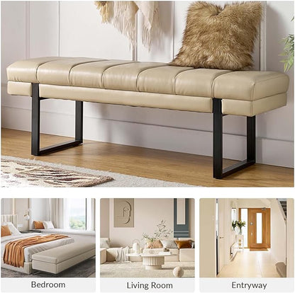 HULALA HOME 53" Faux Leather Entryway Bench, Button Tufted End of Bed Bench Ottoman for Bedroom, Living Room with Metal Base,Beige