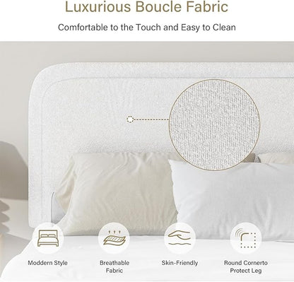 BarnFurin Boucle Upholstered Bed Frame King Size/Cloud Bed Frame/Soft Rounded Corners Headboard/Low Profile/No Box Spring Needed/White