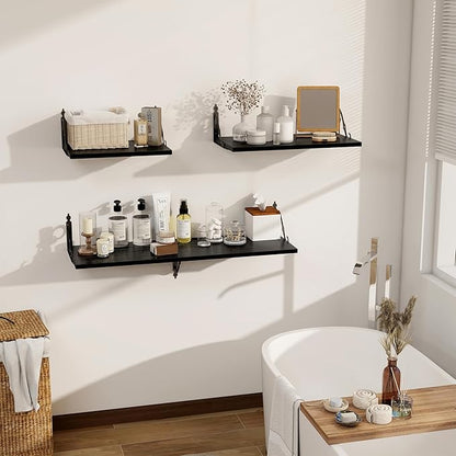 Dreamland Deep Floating Shelves, 16" W x 12" D Wall Shelves Set of 2, Wide Display Shelf Wall Mounted with Brackets, Bookshelf for Living Room, Bathroom, Bedroom, Black