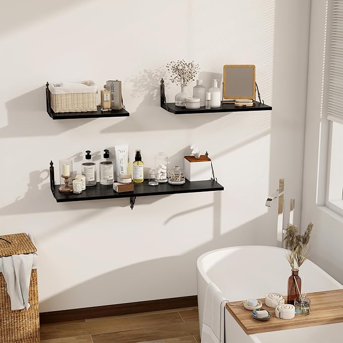 Dreamland Deep Floating Shelves, 31" W x 12" D Wall Shelves Set of 2, Wide Display Shelf Wall Mounted with Brackets, Bookshelf for Living Room, Bathroom, Bedroom, Black