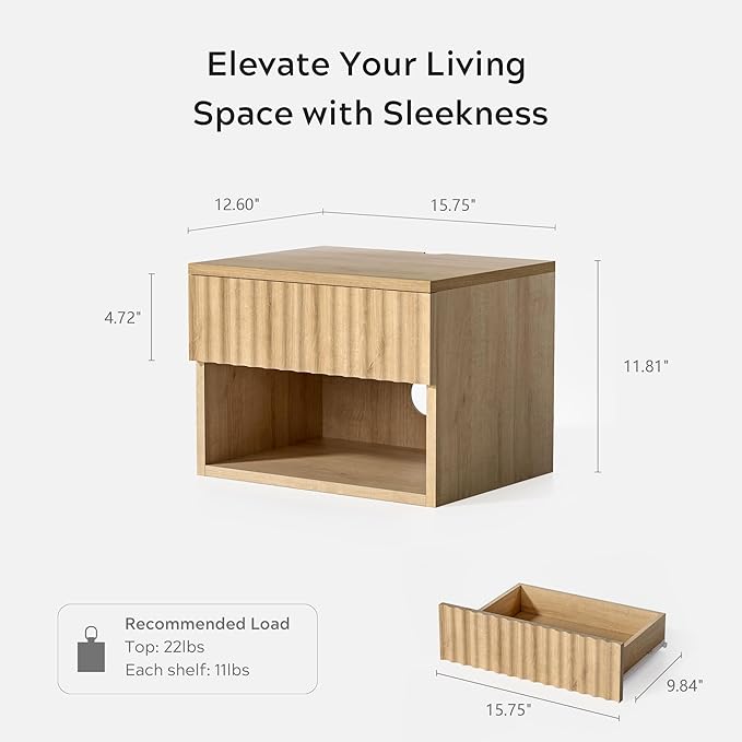 Floating Nightstand with Drawer, Modern Small Night Stand with Fluted Door and Open Storage Shelf Wall Mounted Bedside Table for Bedroom, Entryway Natural Oak