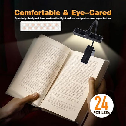 VAVOFO Rechargeable Book Light Rotatable：24 LEDs Reading Light, 3-Color & 9-Brightness Book Lamp, Eye Cared 120Hrs Runtime Lightweight Clip on Led Light for Book Lovers (Black)