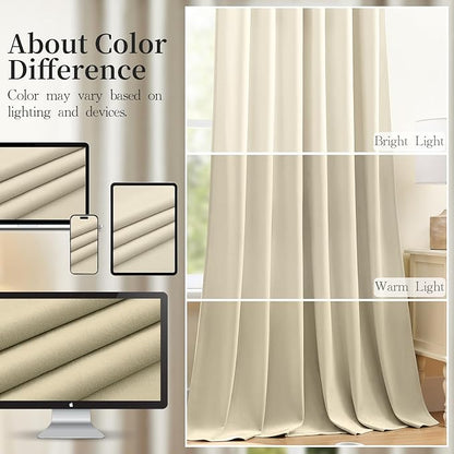 Velvet Curtains 102 Inches Long for Bedroom, Room Darkening Thermal Insulated Soundproof Curtain Solid Soft Elegant Window Drapes for Living Room, Back Tab Rod Pocket, Ivory, W52 x L102, 2 Panels