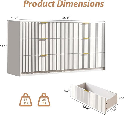 3-Piece Dresser Bedroom Set, 6 Drawer Dresser & 2 Drawer Nightstands with Gold Handles, Fluted Wood Chest of Drawers for Bedroom, Living Room, Entryway, White