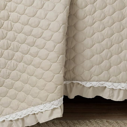 Lush Decor Ella Ruffle Lace Quilt, 3 Piece Set, Full/Queen, Neutral - Cute Quilt - Queen Bedding Set - Beige Bedding Full Size - Coquette Decor - Neutral Ruffle Trim - Beige Lace Trim