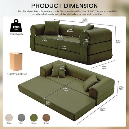 78.5" Convertible Sleeper Sofa Bed, Faux Leather Deep Seat Folding Floor Sofa with Pullout Bed & 2 Pillows, No Assembly Modern Boneless Couch Compression Sofa in Box for Living Room, Office, Green