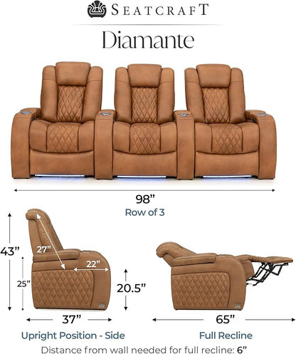 Seatcraft Diamante Zero-Gravity CoolZero Italian Leather Home Theater Seating, Power Headrest, Power Recline, Row of 3, Tawny