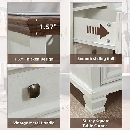 SAVOR LIFE Farmhouse Side Table with Charging Station, Antique Nightstands with Drawers, Bedside Table with Open Shelf for Bedroom, White