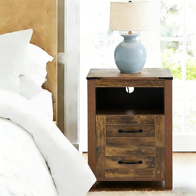 Brown Rustic Night Stand, Farmhouse End Table, Modern Bedside Table with 2 Storage Drawers and Open Shelf, Tall Nightstand for Bedroom