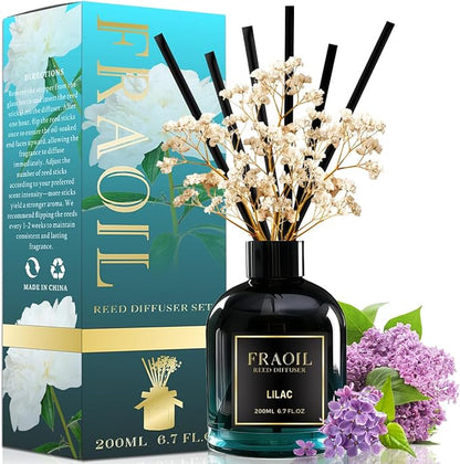 Lilac Reed Diffuser, Reed Diffuser Set 6.7 fl oz (200 ml) with 6 Reed Sticks, Home Fragrance Reed Diffuser for Bathroom Shelf House Bedroom Office Decor