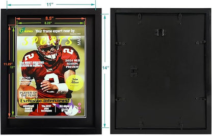 Goldfinch 4 Packs Sports Magazine Frame Displays Magazines Measuring 8.5 x 11.25 or 8.25 x 11 inches with Double Black Core Matting, Deep Frame Moulding, with Installed Hangers
