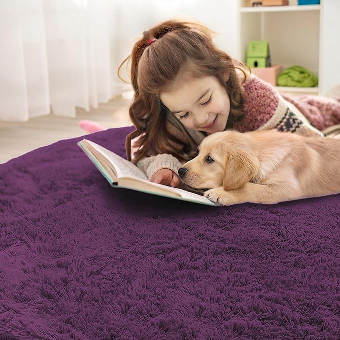 OLANLY Dark Purple Round Rugs for Bedroom - Machine Washable, 8 ft Circle Area Rugs for Living Room, Soft and Fluffy Shaggy Carpet for Teen Girl and Boys, Nursery Rooms, Dorms, Home Decor Aesthetic