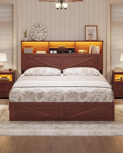 AOGLLATI Farmhouse Queen Bed Frame with 4 Storage Drawers and Led Lights, Wooden Bed Frame Queen Size with Hidden Space Bookcase Headboard and Led Lights & Metal Slats, Mahogany