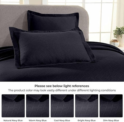 Superior 100% Cotton Basket Weave Bedspread with Shams, All-Season Premium Cotton Matelasse Jacquard Bedding, Quilted-Look Geometric Basket, Queen, Navy Blue