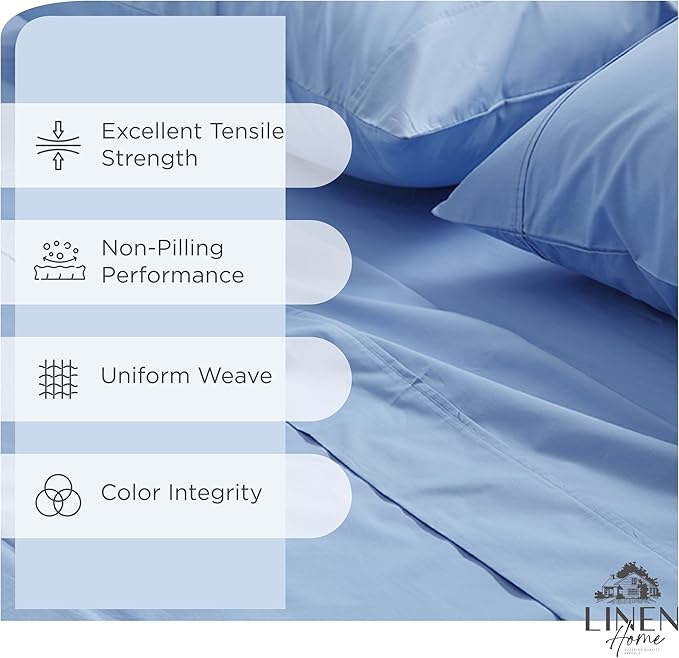 Linen Home 100% Cotton Percale Sheet Set, Twin Size, Baby Blue, Deep Pocket, 4 Pieces Set - 1 Flat, 1 Deep Pocket Fitted Sheet and 2 Pillowcases, Crisp Cool and Strong Bed Linen