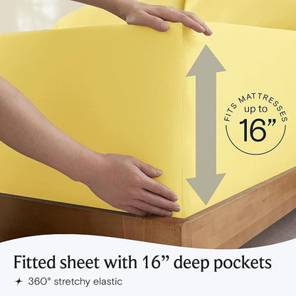LuxClub 4 PC Sheet Set Bed Sheets Deep Pockets 16" Eco Friendly Wrinkle Free Cooling Machine Washable Hotel Bedding Silky Soft - Lemon Full
