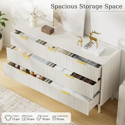 LYNSOM 55" Wide Fluted Dresser for Bedroom with 7 Drawer, Modern Chest of Drawers with Curved Profile Design and Metal Handles, Wood Dresser TV Stand & Storage Organizer for Living Room, White