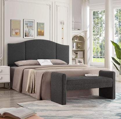 24KF Modern Upholstered Bed Bench Covered with Soft Boucle Teddy Fabric, Lovely Entryway Bench Ottoman with Armrest,5062-Dark Gray