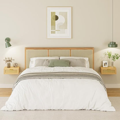 Floating Nightstand, Floating Shelf with Drawer, Wall Mounted Nightstand, Floating Bedside Table (Oak Rattan)