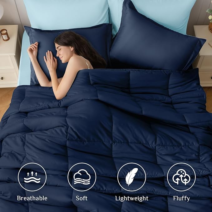 JOLLYVOGUE King Comforter Set, Ultra-Soft Bed in a Bag King Size 7 Pieces, Oeko-TEX Certified Bedding Set with Down Alternative Comforter, Sheets, Pillowcases & Shams, Navy & Light Blue