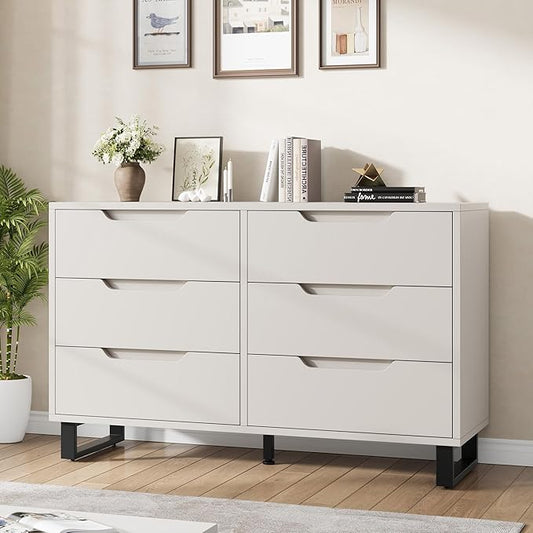 GarveeHome 6 Dresser for Bedroom, 47.2 in Wide Dresser, Freestanding Vertical Drawer Cabinet with Storage, Wooden Closet Storage Chest for Living Room, Hallway, Entryway, White