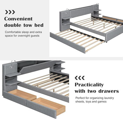 Luxury Queen Bed Frame,Queen Size Trundle Bed Frame with 2 Storage Drawers,Reading Lights, Storage Headboard,Storages Rack,Queen Size Linen Upholstered Platform Bed for Bedroom (Gray, Queen)