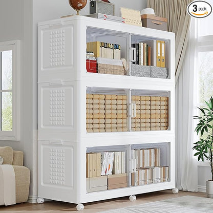 600 QT Extra Large Stackable Storage Bins with Lid, 150 Gal Collapsible Storage Box with Wheels, Folding Closet Organizers and Storage Cabinet with Doors for Home, Kitchen, Office, 3Pack White