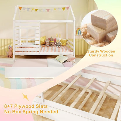 Giantex Twin House Bed with Trundle Bed Twin, Wooden Twin Bed Frames with Roof, Chimney & Window, Montessori House Bed with Safety Guardrails, House Trundle Bed for Kids, Boys, Girls, Teens (White)
