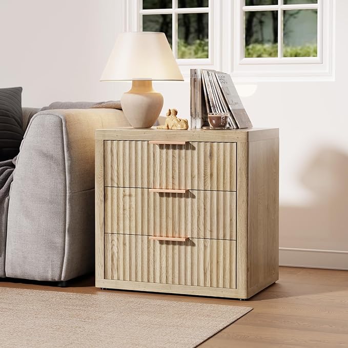Night Stand with 3 Drawers, 23" Wide Modern Bedside Table with Large Storage, Fluted Bed Side End Table with Metal Handle, Tall Nightstand for Bedroom, Living Room, Office, Nature, Set of 2