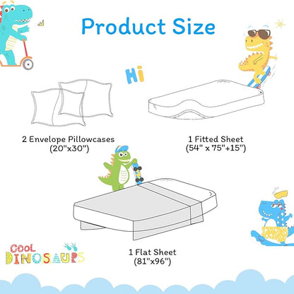 JSD Blue Dinosaur Kids Sheet Set Full Size, 4 Piece Sports Printed Microfiber Sheets Deep Pocket