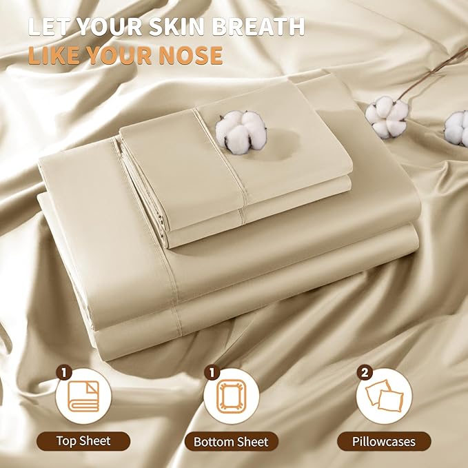 LBRO2M 100% Cotton Sheets Set Deep Pocket 19", 1000 Thread Count Full Size 4 Piece Bed Sheet Sets Soft Comfortable Bedding All Season (Full, Linen)